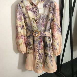 Zimmermann Peach & Lavender Floral Belted Mini Dress